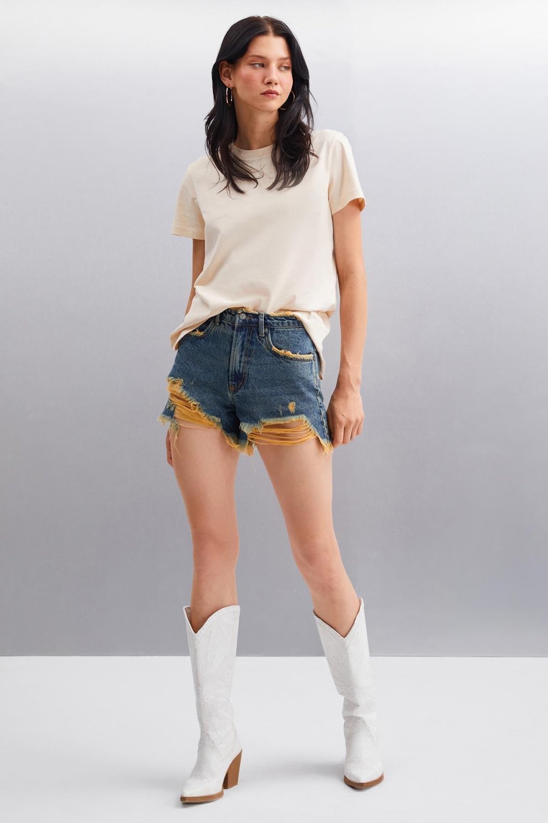 SAMANTHA Kadın Comfort Fit %100 Organik Pamuklu Basic Örme Bej T-Shirt