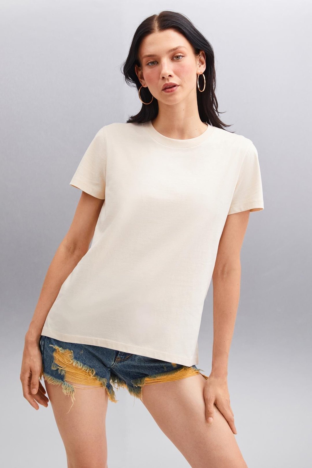 SAMANTHA Kadın Comfort Fit %100 Organik Pamuklu Basic Örme Bej T-Shirt