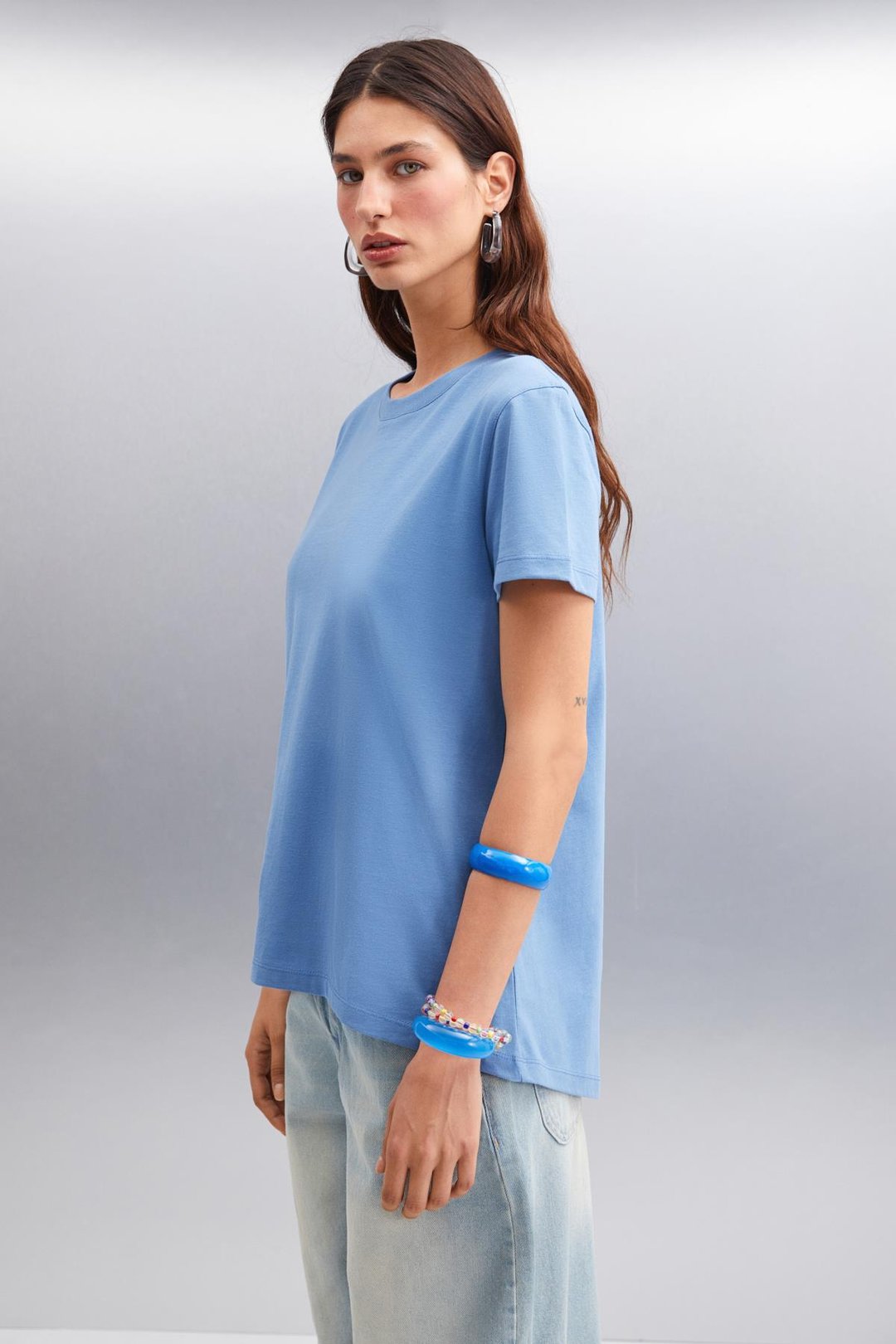 SAMANTHA Kadın Comfort Fit %100 Organik Pamuklu Basic Örme İndigo T-Shirt