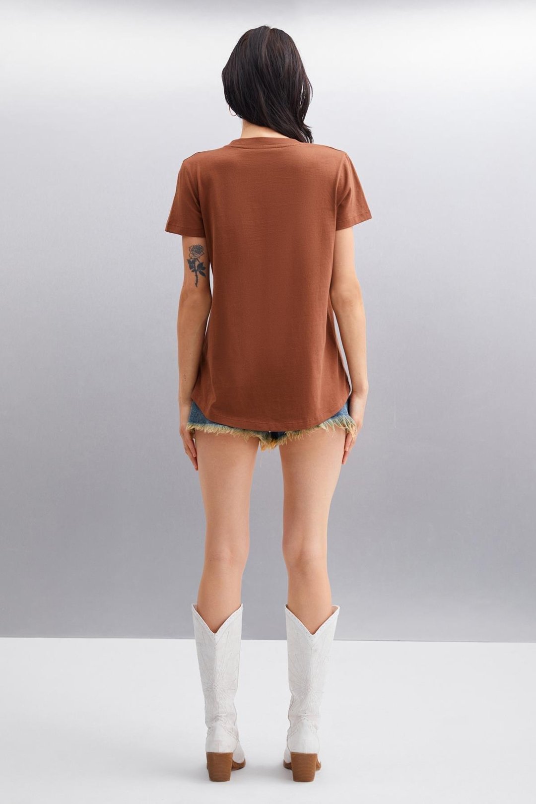 SAMANTHA Kadın Comfort Fit %100 Organik Pamuklu Basic Örme Kahverengi T-Shirt