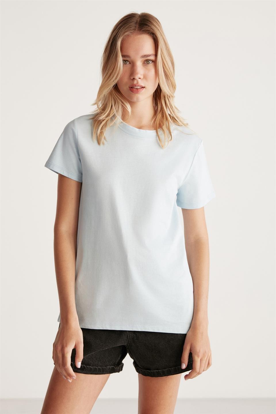 SAMANTHA Kadın Comfort Fit %100 Organik Pamuklu Basic Örme Açık Mavi T-Shirt
