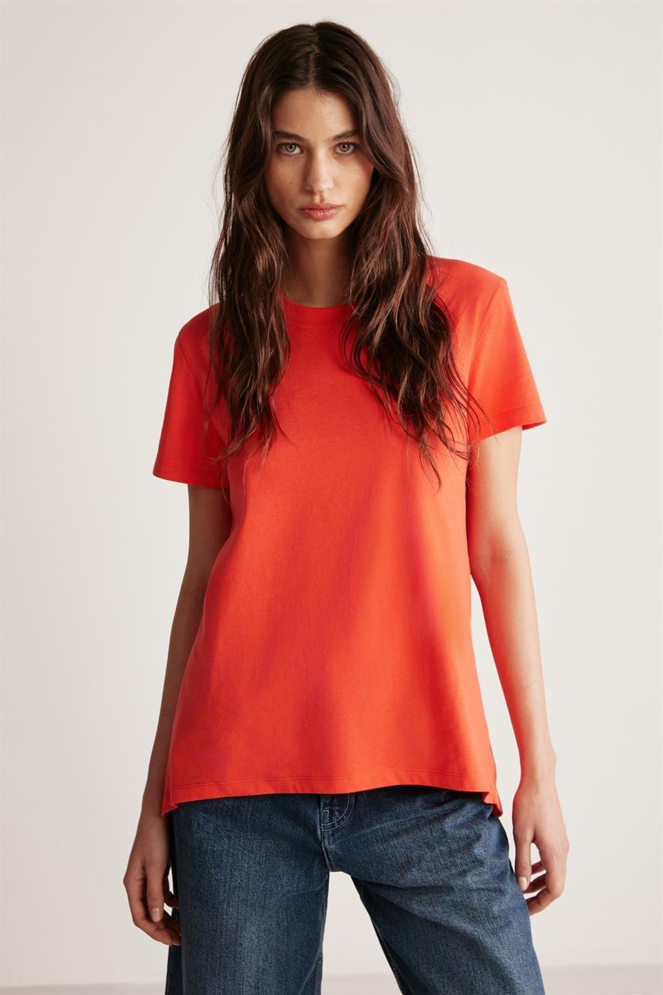 SAMANTHA Kadın Comfort Fit %100 Organik Pamuklu Basic Örme Kırmızı T-Shirt