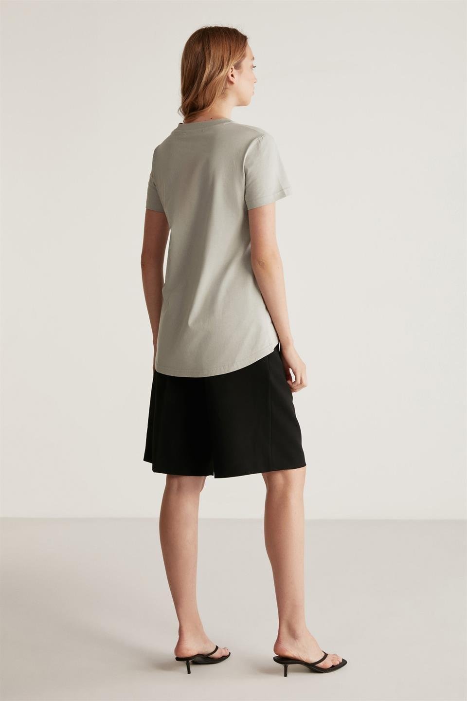 SAMANTHA Kadın Comfort Fit %100 Organik Pamuklu Basic Örme Açık Gri T-Shirt