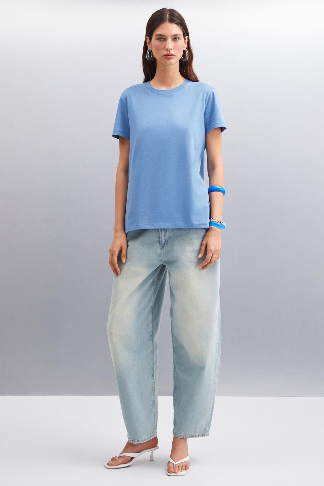 SAMANTHA Kadın Comfort Fit %100 Organik Pamuklu Basic Örme İndigo T-Shirt