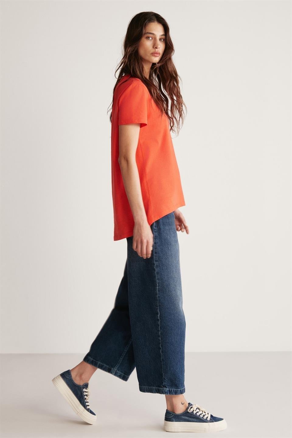 SAMANTHA Kadın Comfort Fit %100 Organik Pamuklu Basic Örme Kırmızı T-Shirt