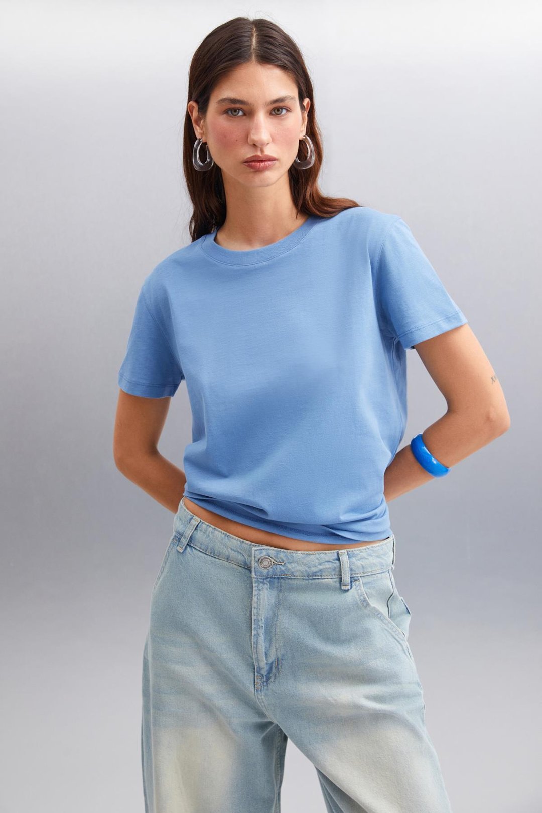 SAMANTHA Kadın Comfort Fit %100 Organik Pamuklu Basic Örme İndigo T-Shirt