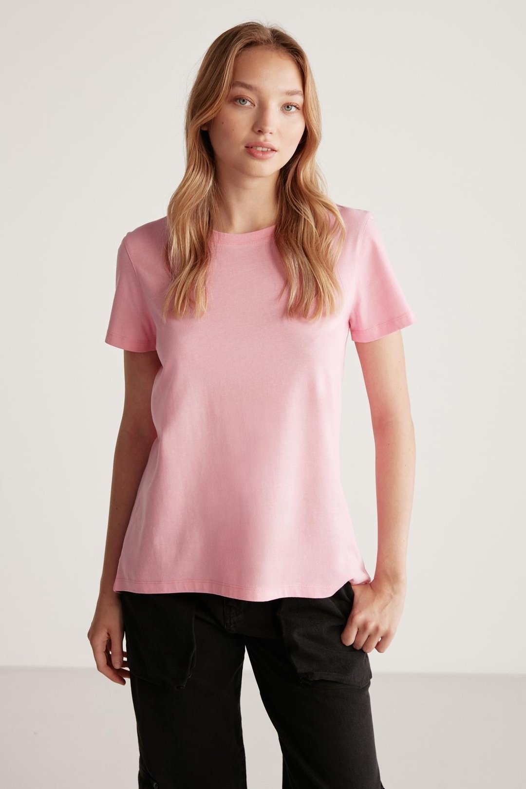 SAMANTHA Kadın Comfort Fit %100 Organik Pamuklu Basic Örme Pembe T-Shirt