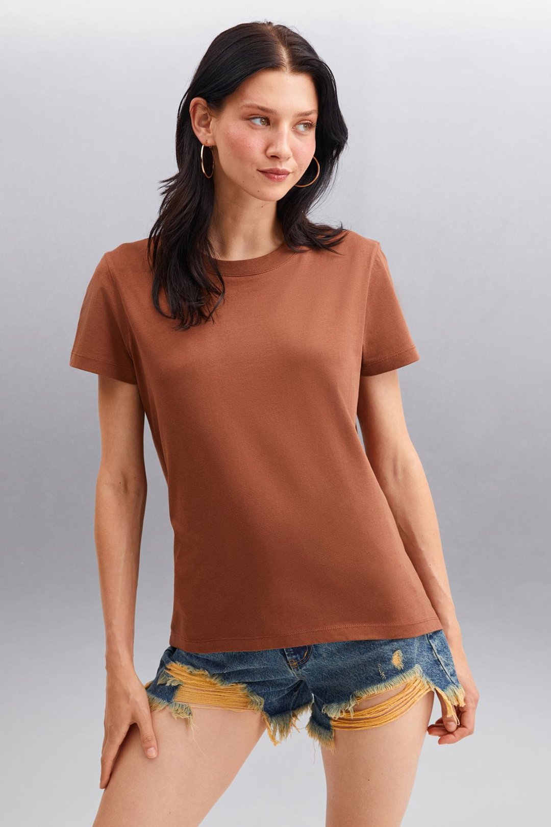 SAMANTHA Kadın Comfort Fit %100 Organik Pamuklu Basic Örme Kahverengi T-Shirt