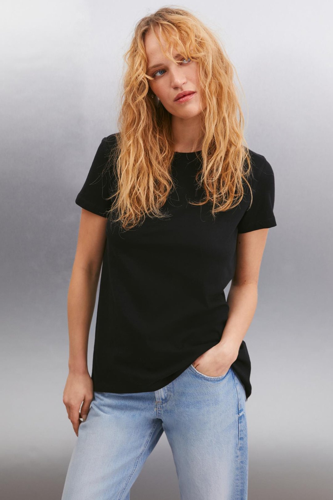 SAMANTHA Kadın Comfort Fit %100 Organik Pamuklu Basic Örme Siyah T-Shirt