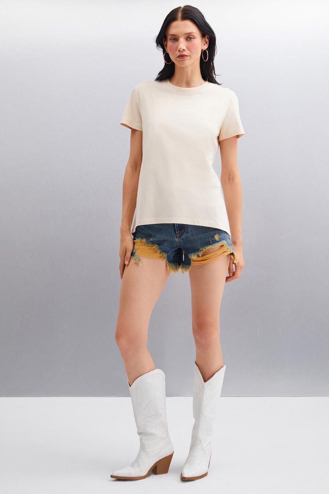 SAMANTHA Kadın Comfort Fit %100 Organik Pamuklu Basic Örme Bej T-Shirt