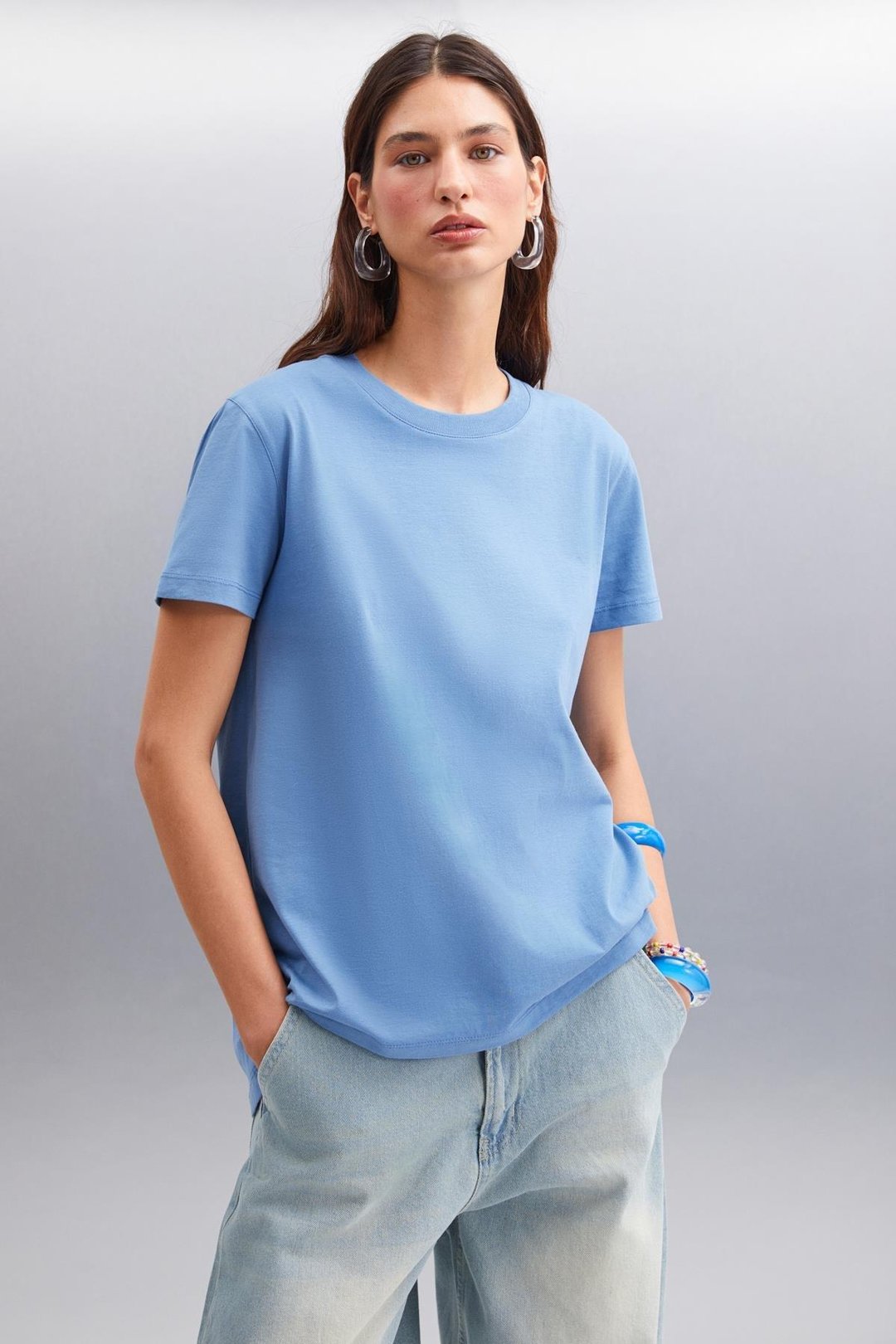 SAMANTHA Kadın Comfort Fit %100 Organik Pamuklu Basic Örme İndigo T-Shirt