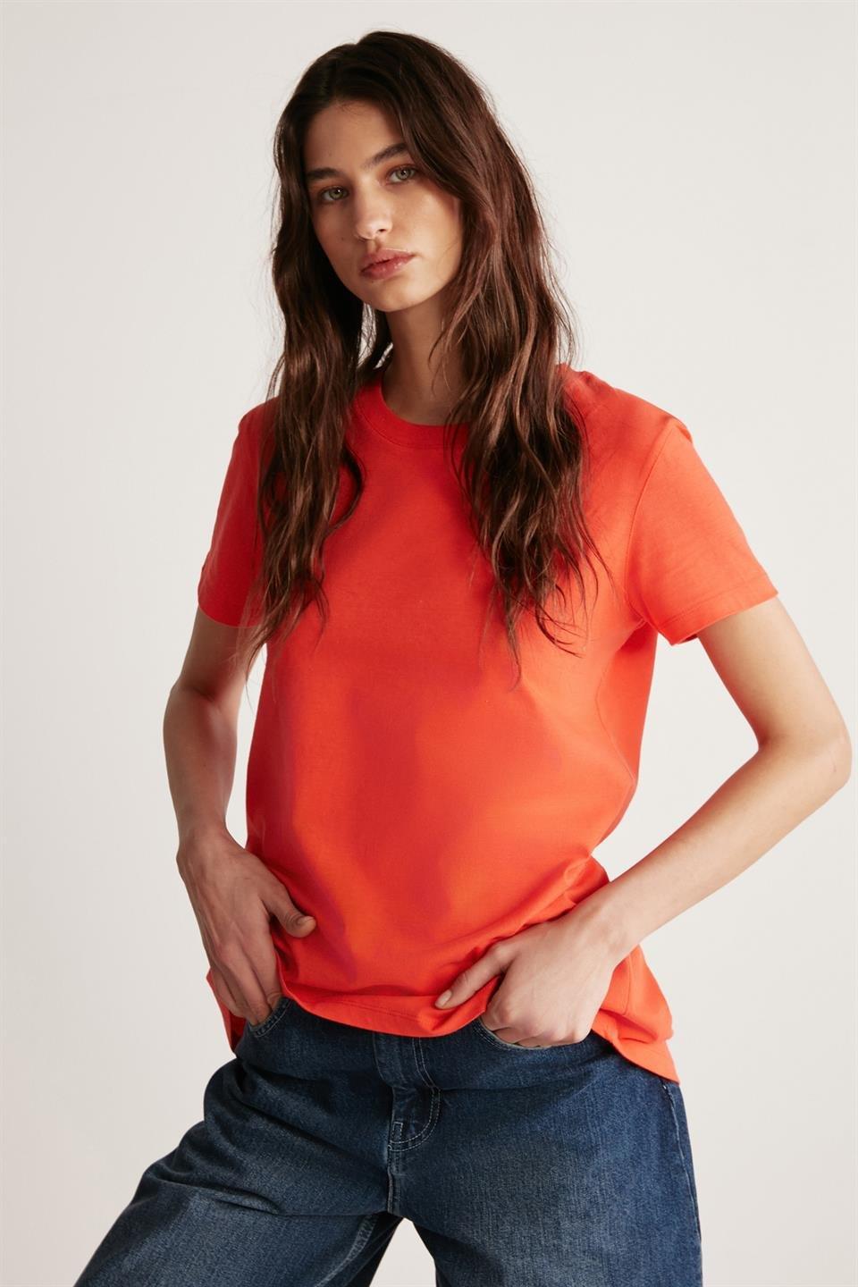 SAMANTHA Kadın Comfort Fit %100 Organik Pamuklu Basic Örme Kırmızı T-Shirt