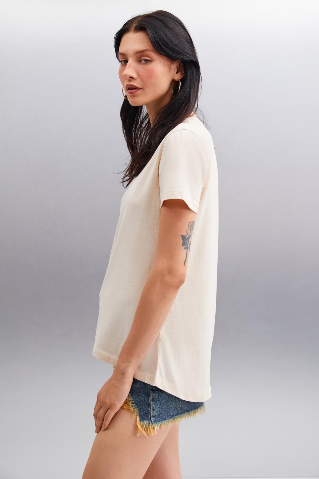 SAMANTHA Kadın Comfort Fit %100 Organik Pamuklu Basic Örme Bej T-Shirt