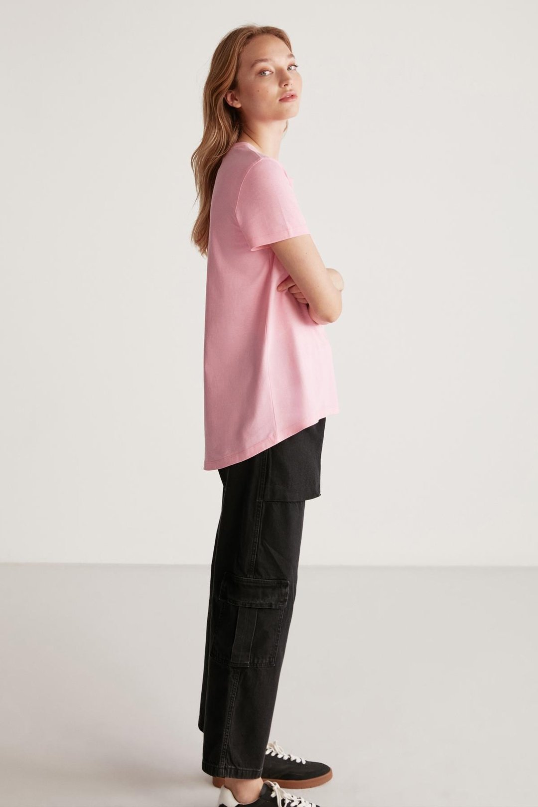 SAMANTHA Kadın Comfort Fit %100 Organik Pamuklu Basic Örme Pembe T-Shirt