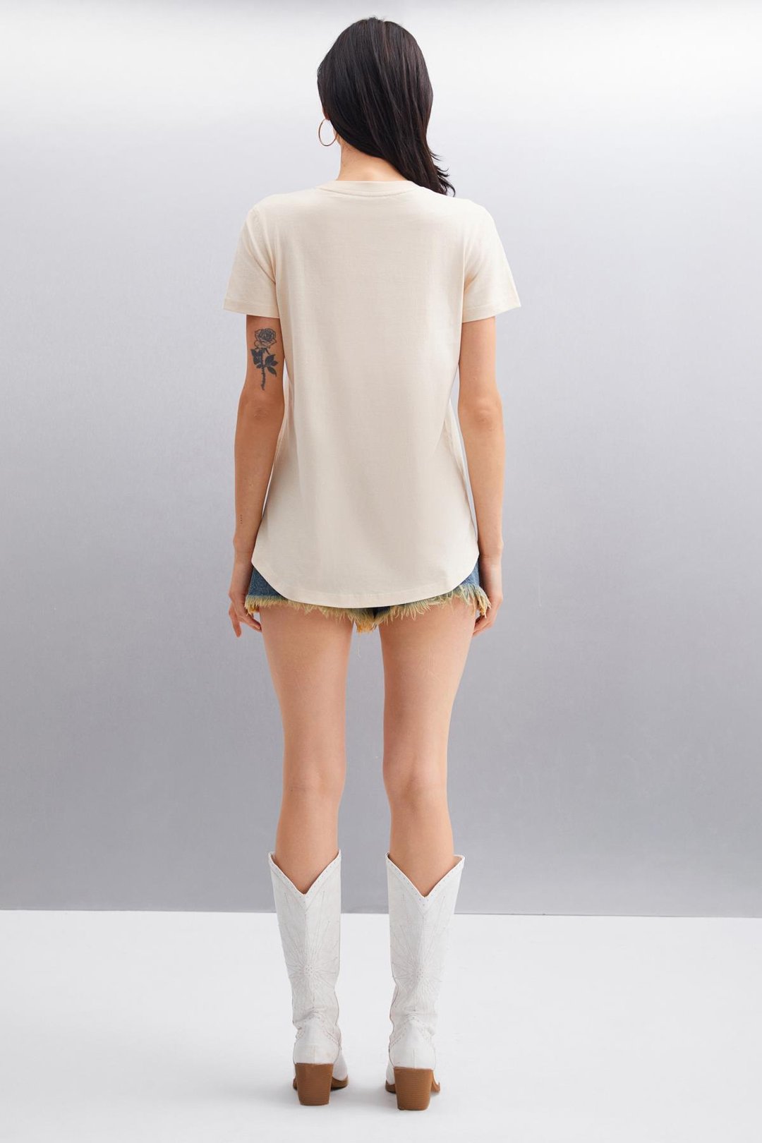 SAMANTHA Kadın Comfort Fit %100 Organik Pamuklu Basic Örme Bej T-Shirt