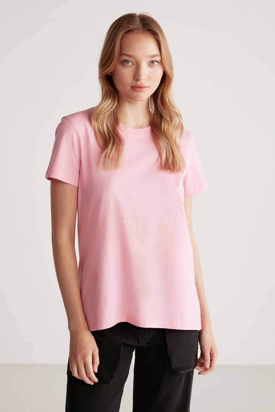 SAMANTHA Kadın Comfort Fit %100 Organik Pamuklu Basic Örme Pembe T-Shirt