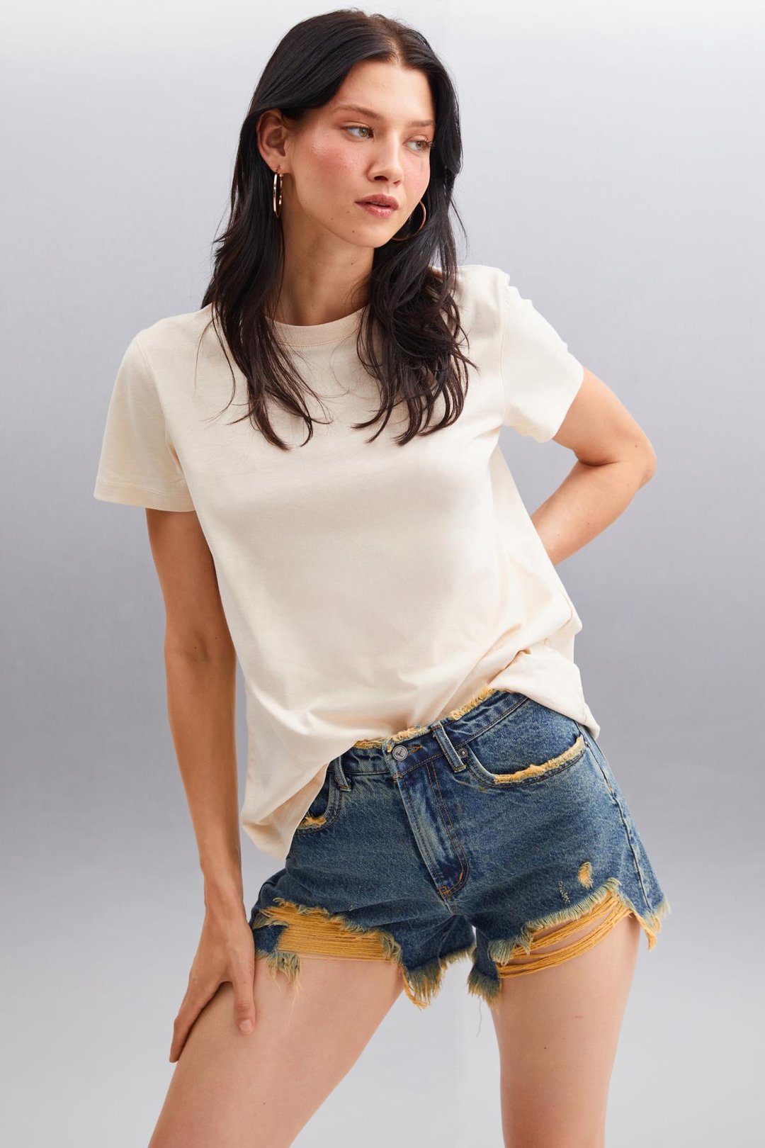 SAMANTHA Kadın Comfort Fit %100 Organik Pamuklu Basic Örme Bej T-Shirt