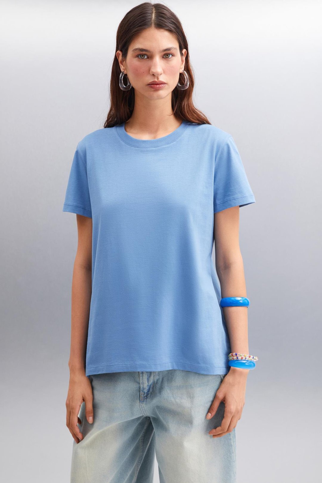 SAMANTHA Kadın Comfort Fit %100 Organik Pamuklu Basic Örme İndigo T-Shirt