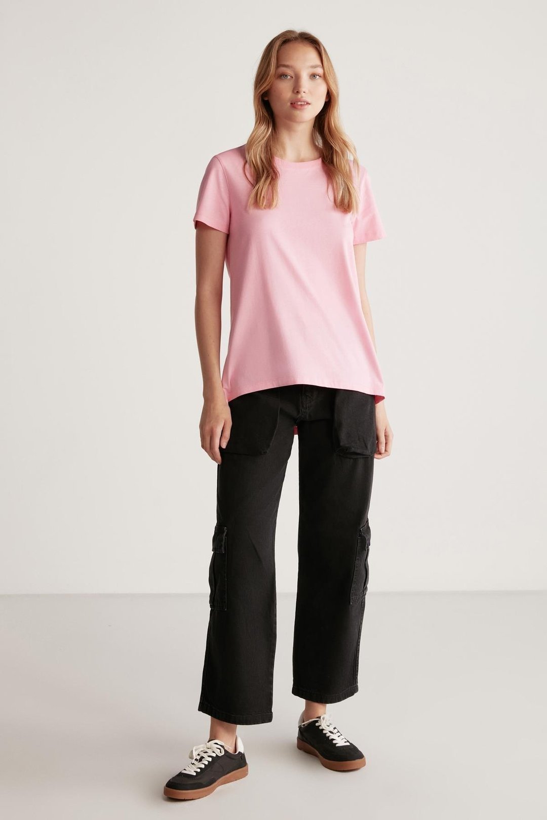 SAMANTHA Kadın Comfort Fit %100 Organik Pamuklu Basic Örme Pembe T-Shirt