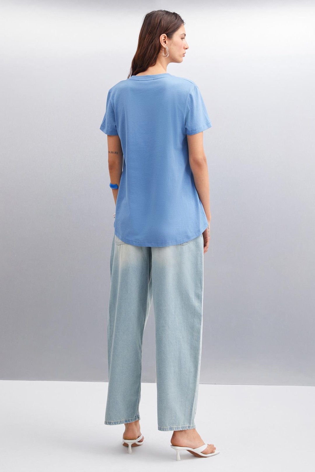 SAMANTHA Kadın Comfort Fit %100 Organik Pamuklu Basic Örme İndigo T-Shirt