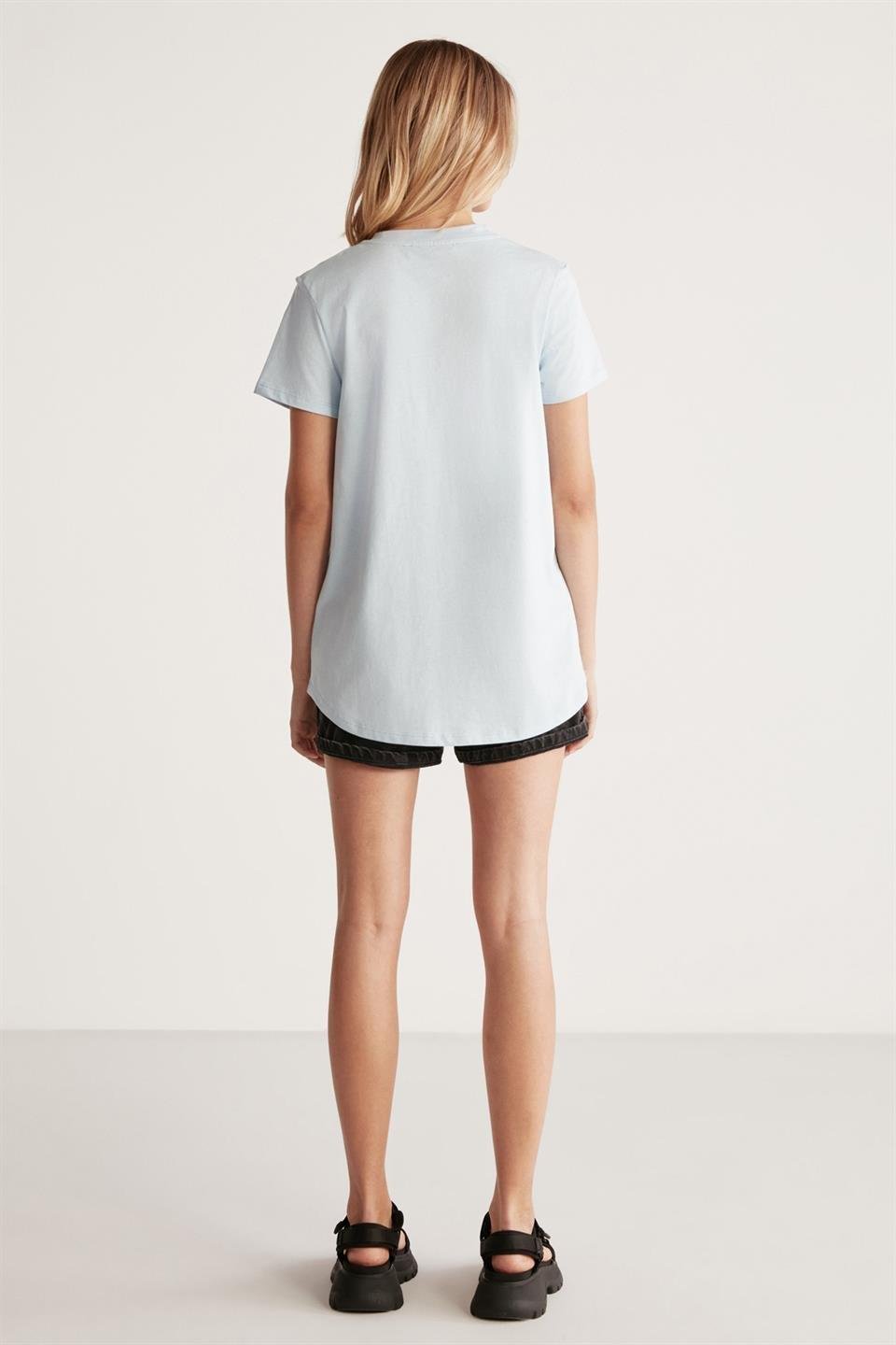 SAMANTHA Kadın Comfort Fit %100 Organik Pamuklu Basic Örme Açık Mavi T-Shirt