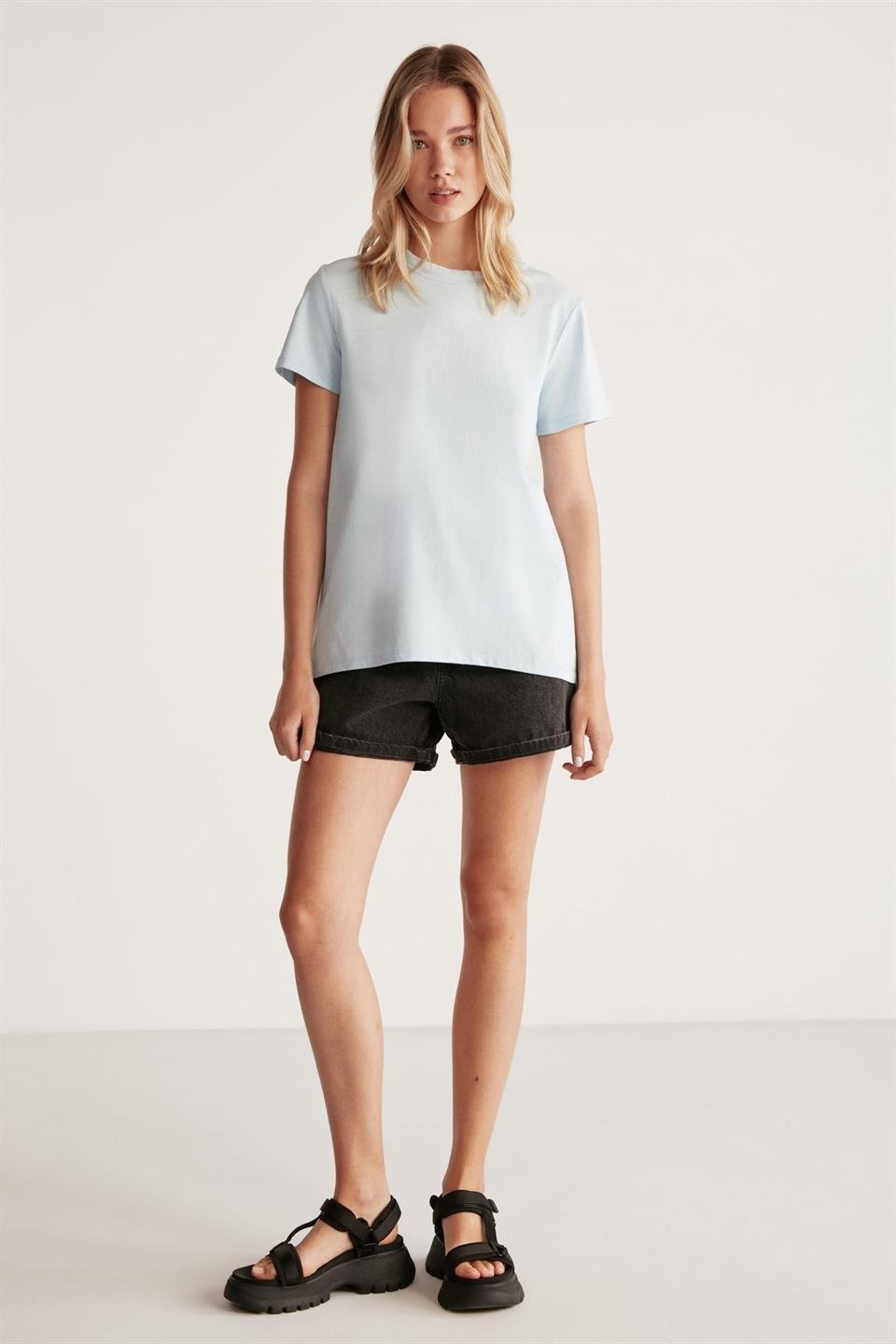 SAMANTHA Kadın Comfort Fit %100 Organik Pamuklu Basic Örme Açık Mavi T-Shirt
