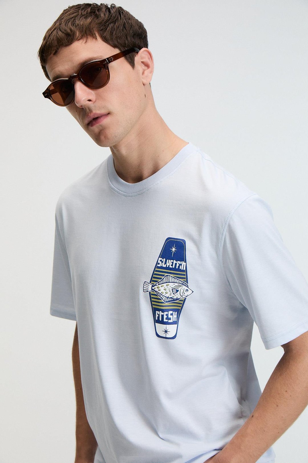 SAVOR Erkek Oversize %100 Pamuk Baskılı Yuvarlak Yaka Mavi T-Shirt