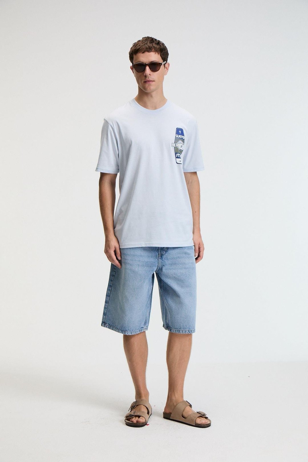 SAVOR Erkek Oversize %100 Pamuk Baskılı Yuvarlak Yaka Mavi T-Shirt