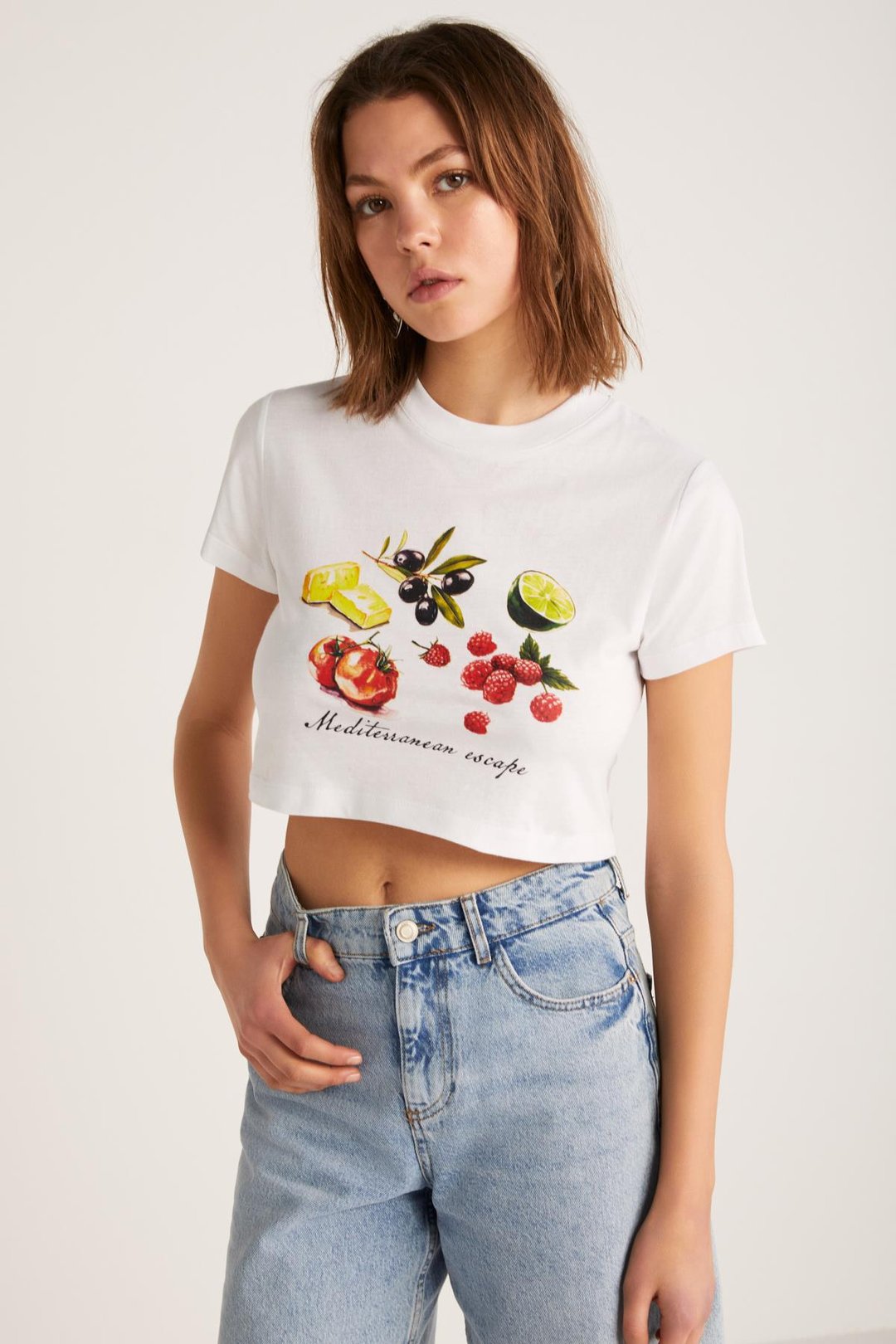SERENE Basic Crop Beyaz Tekli T-Shirt