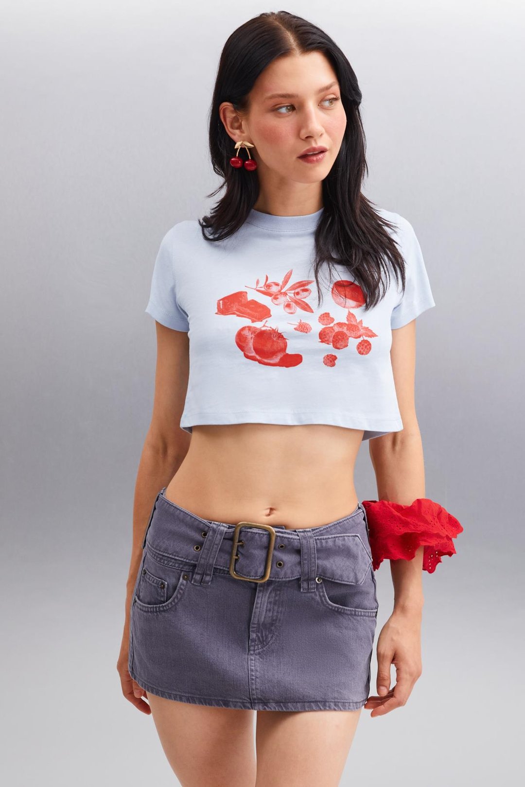 SERENE Basic Crop Mavi Tekli T-Shirt