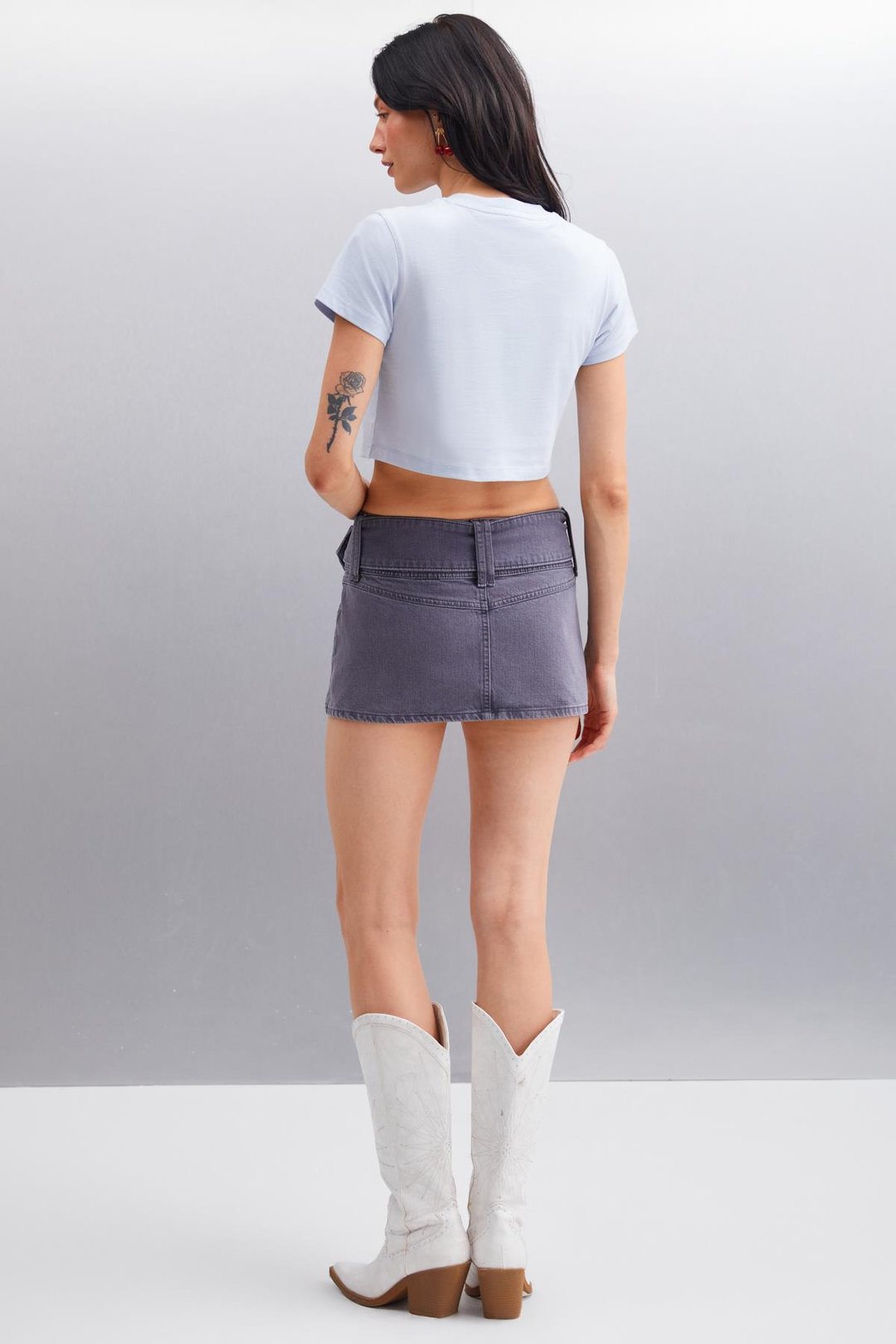 SERENE Basic Crop Mavi Tekli T-Shirt