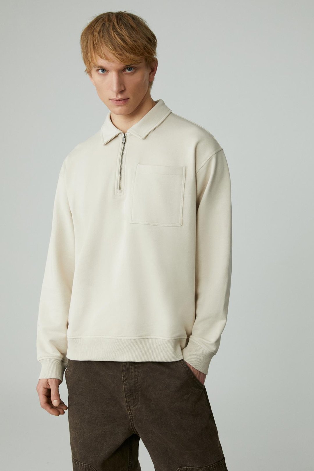 SHIFTD Erkek Bisiklet Yaka Uzun Kollu Fermuarlı Bej Sweatshirt