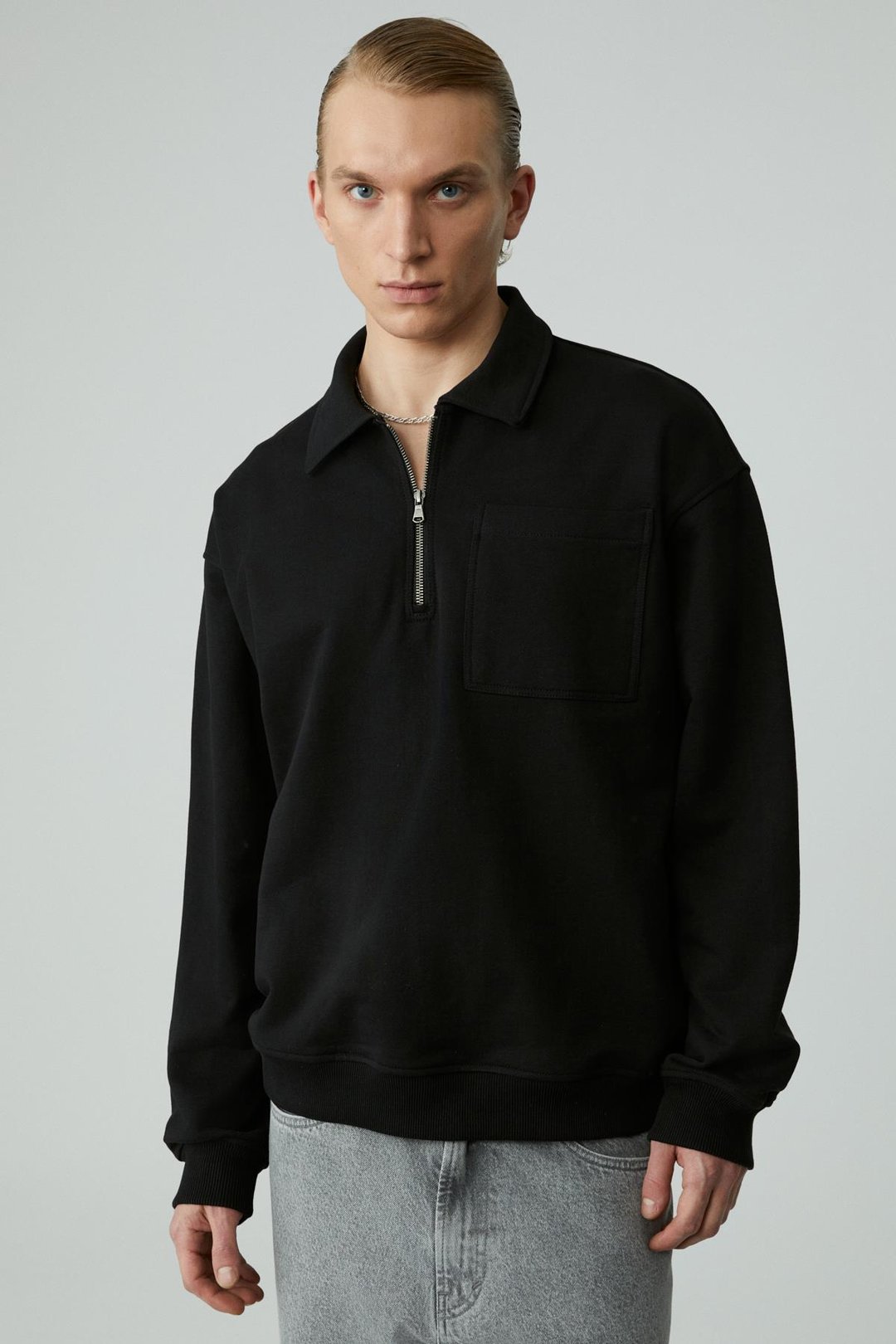 SHIFTD Erkek Bisiklet Yaka Uzun Kollu Fermuarlı Siyah Sweatshirt