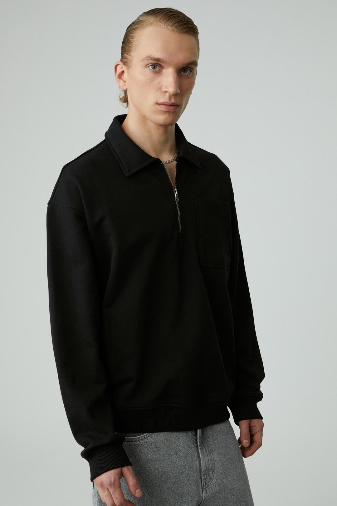 SHIFTD Erkek Bisiklet Yaka Uzun Kollu Fermuarlı Siyah Sweatshirt