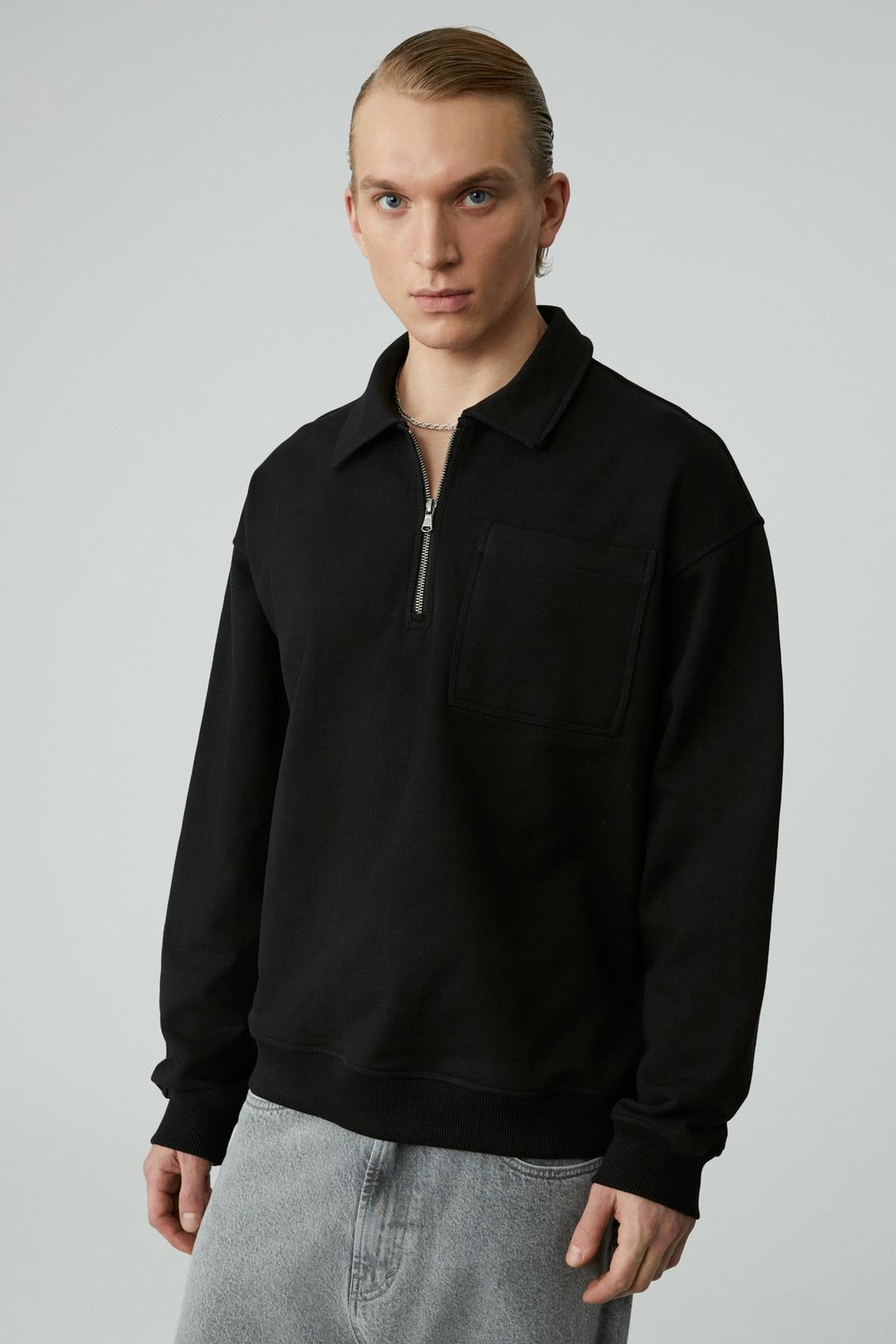 SHIFTD Erkek Bisiklet Yaka Uzun Kollu Fermuarlı Siyah Sweatshirt