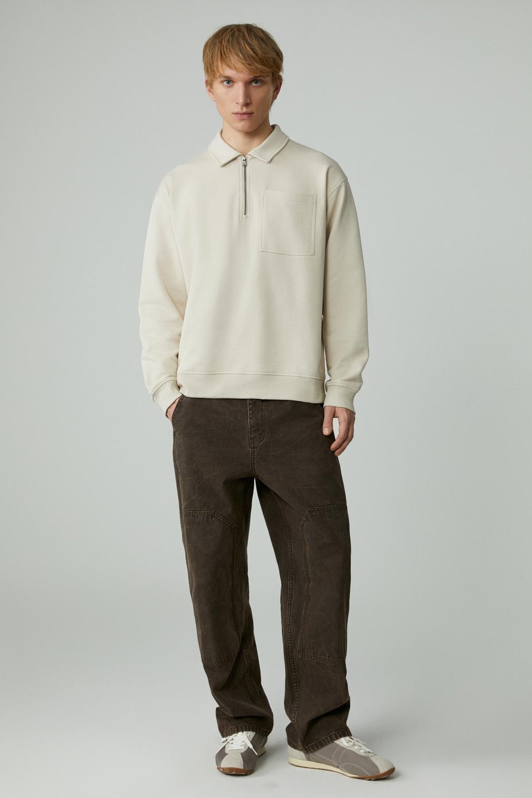 SHIFTD Erkek Bisiklet Yaka Uzun Kollu Fermuarlı Bej Sweatshirt