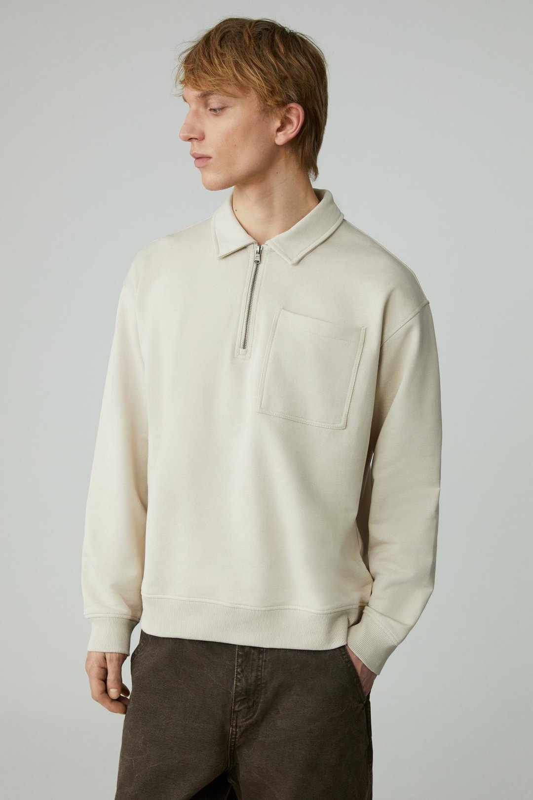 SHIFTD Erkek Bisiklet Yaka Uzun Kollu Fermuarlı Bej Sweatshirt