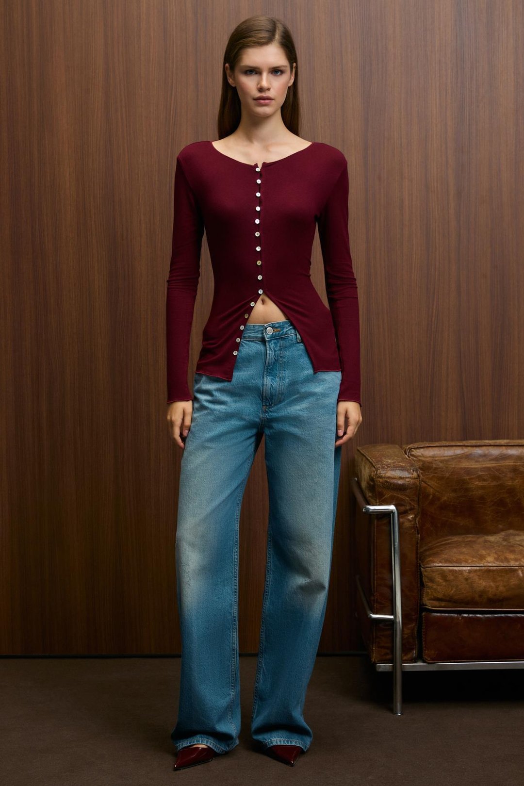 SILLARIE Kadın Uzun Kollu Esnek Kumaşlı Düğmeli Regular Bordo Bluz