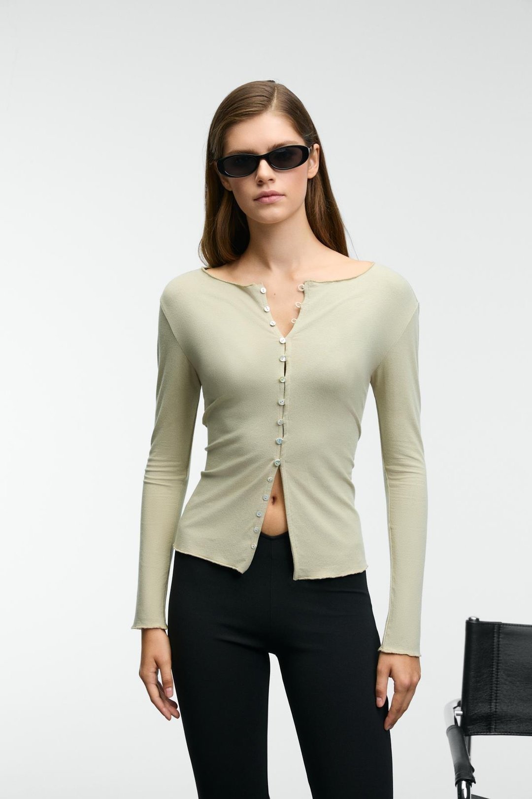 SILLARIE Kadın Uzun Kollu Esnek Kumaşlı Düğmeli Regular Vizon Bluz