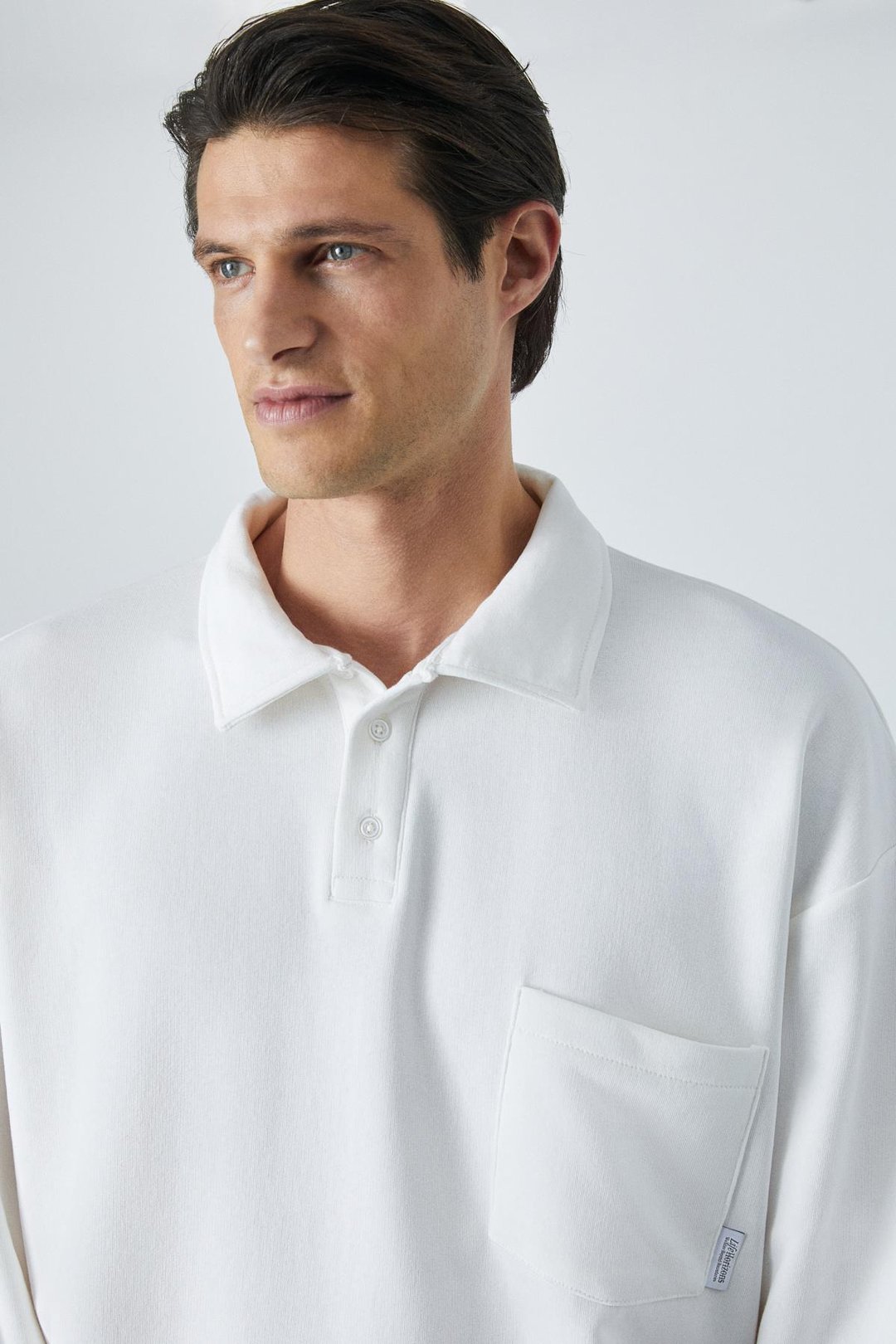 SIMPLYFY Erkek Polo Yaka Uzun Kollu Oversize Düğmeli Beyaz T-Shirt