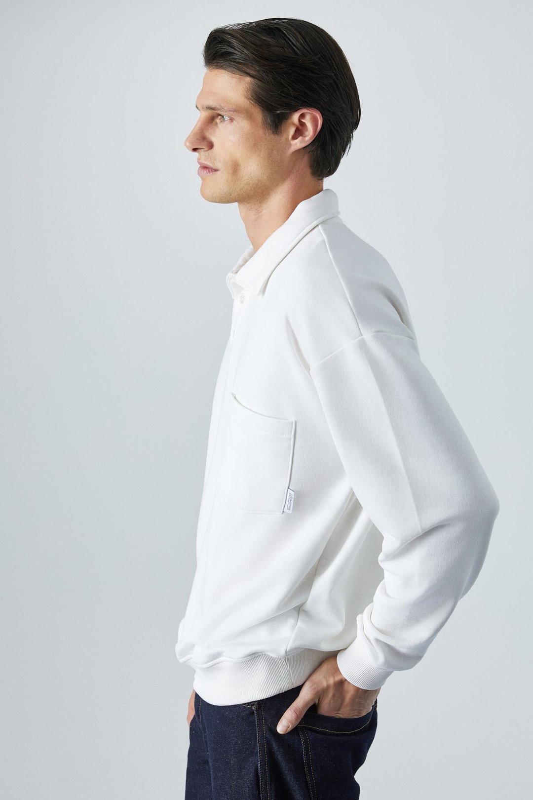 SIMPLYFY Erkek Polo Yaka Uzun Kollu Oversize Düğmeli Beyaz T-Shirt