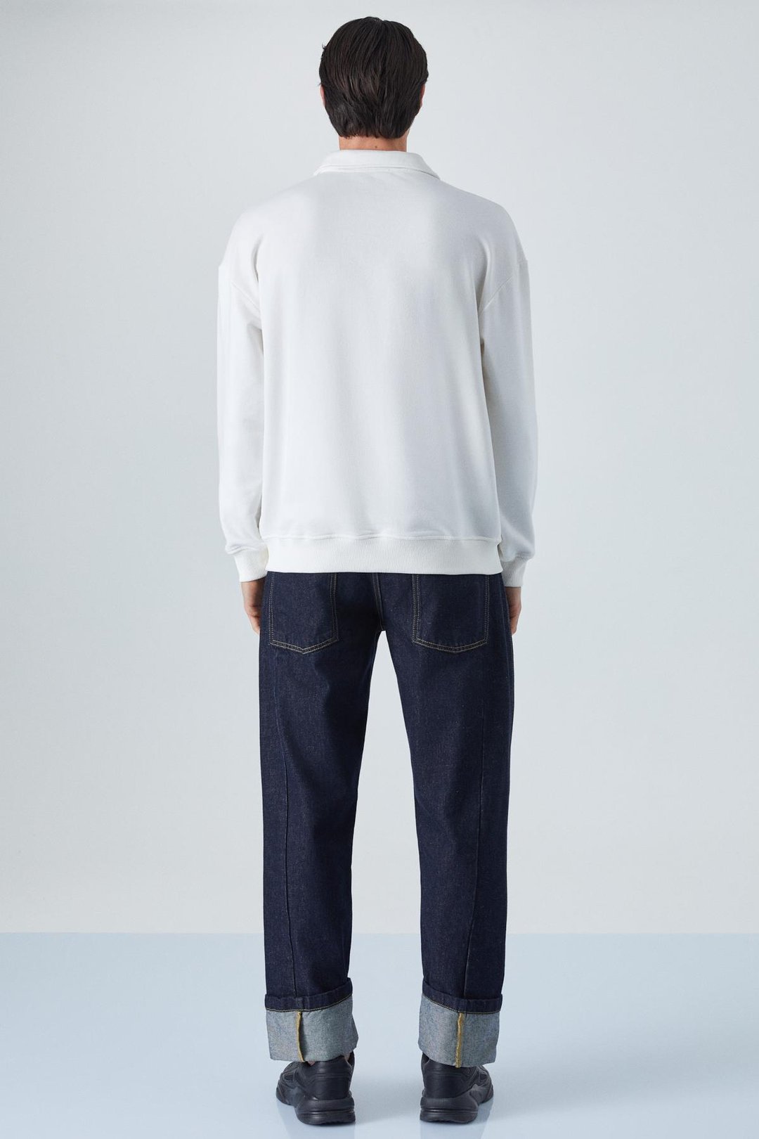 SIMPLYFY Erkek Polo Yaka Uzun Kollu Oversize Düğmeli Beyaz T-Shirt