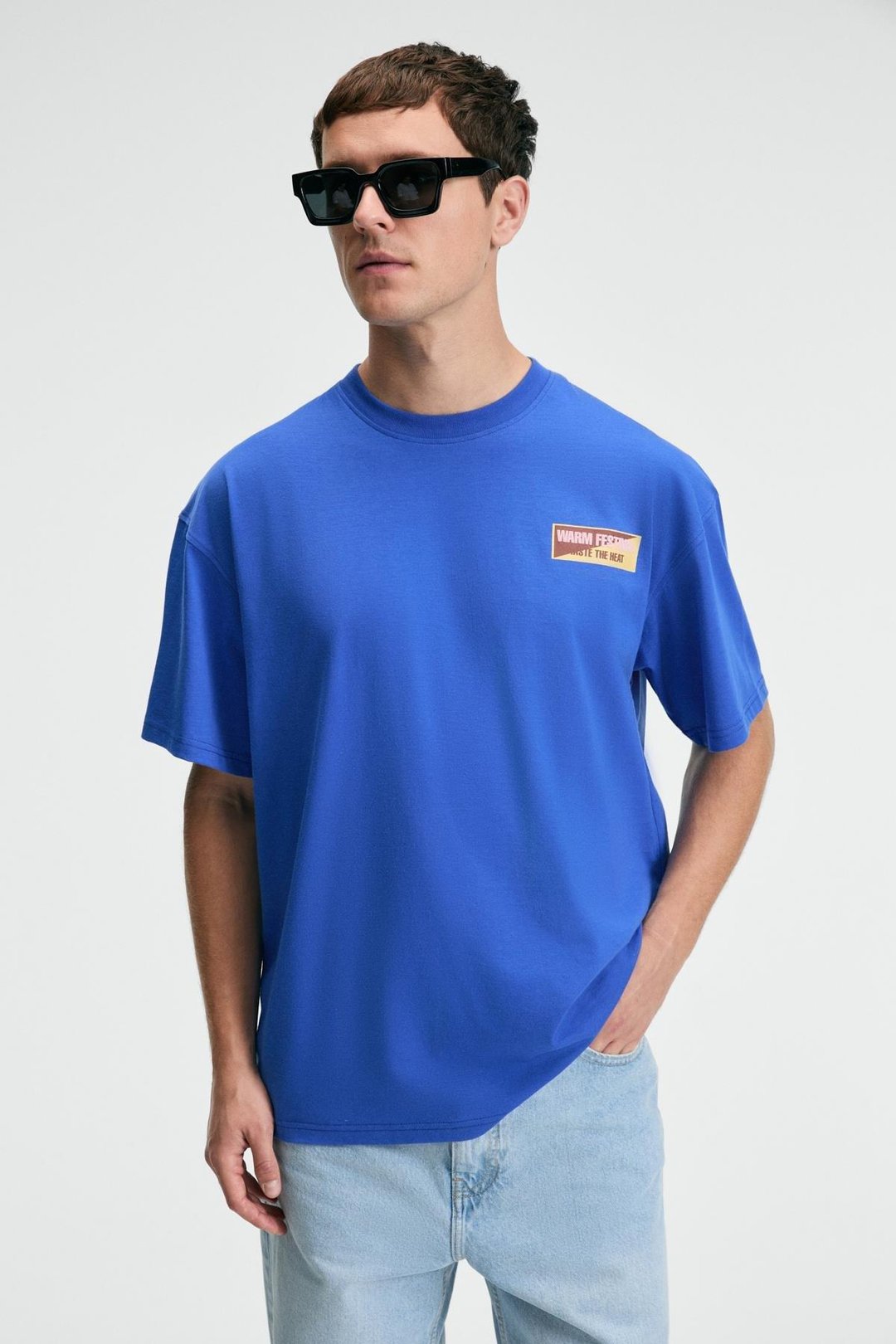 SNACK Erkek Oversize Fit %100 Pamuk Baskılı Yuvarlak Yaka Saks Mavi T-Shirt