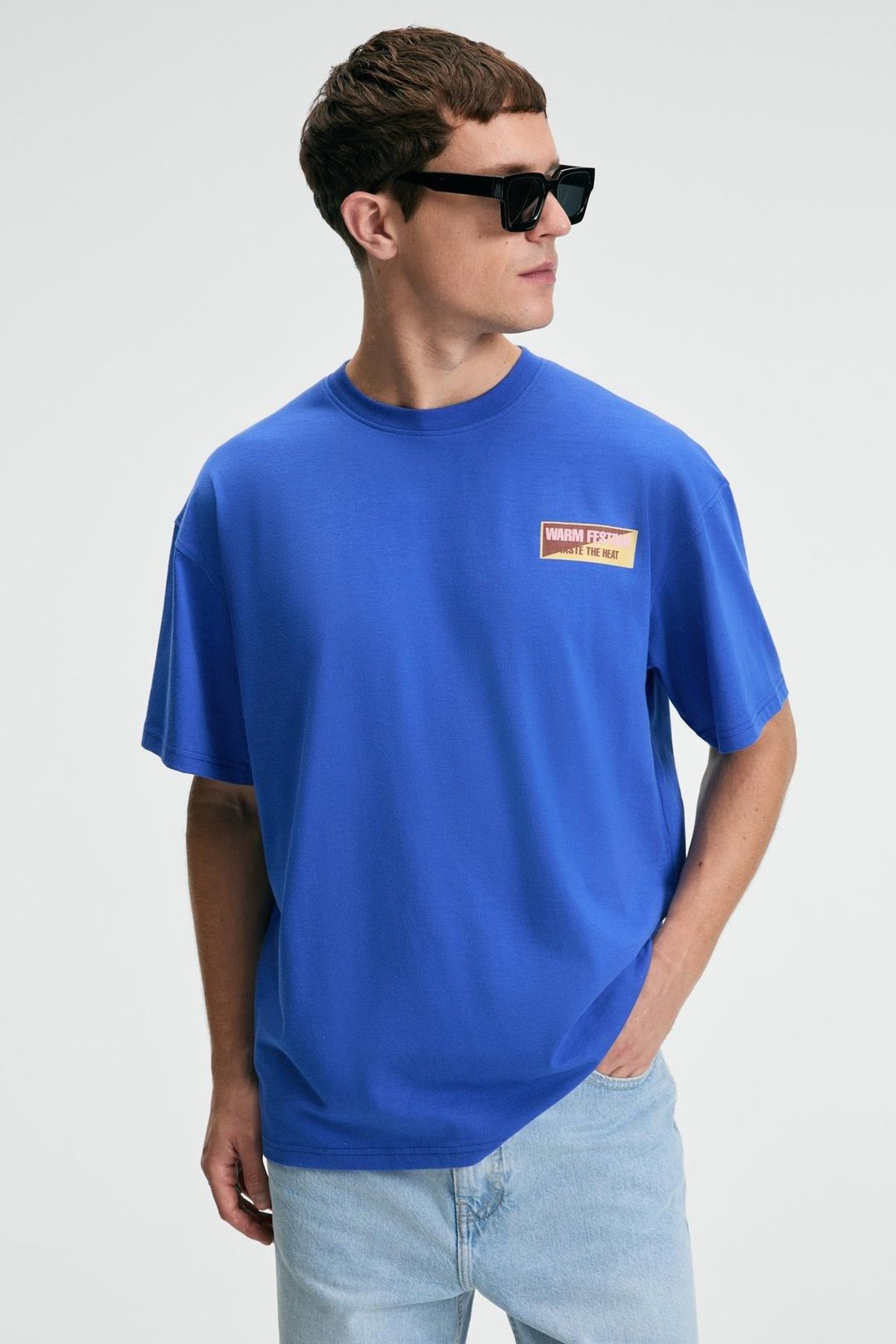 SNACK Erkek Oversize Fit %100 Pamuk Baskılı Yuvarlak Yaka Saks Mavi T-Shirt