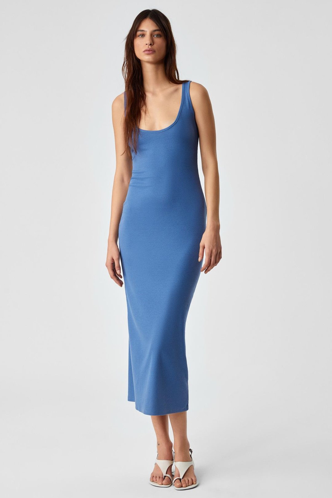 SOFUTEY Kadın Slim Kolsuz Oyuk Yaka Düz Paça Mavi Elbise