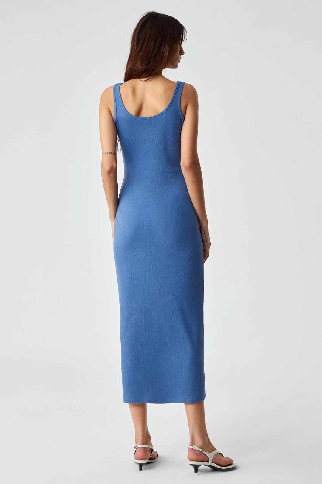 SOFUTEY Kadın Slim Kolsuz Oyuk Yaka Düz Paça Mavi Elbise