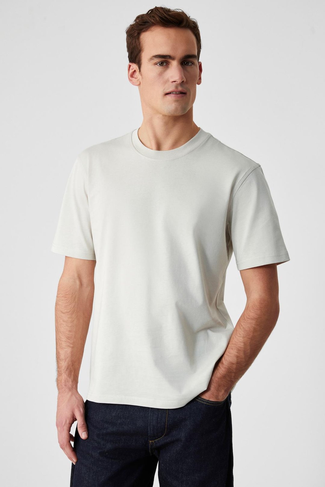 Solo Erkek %100 Organik Pamuklu Kalın Dokulu Comfort Fit Bisiklet Yakalı Açık Bej T-Shirt