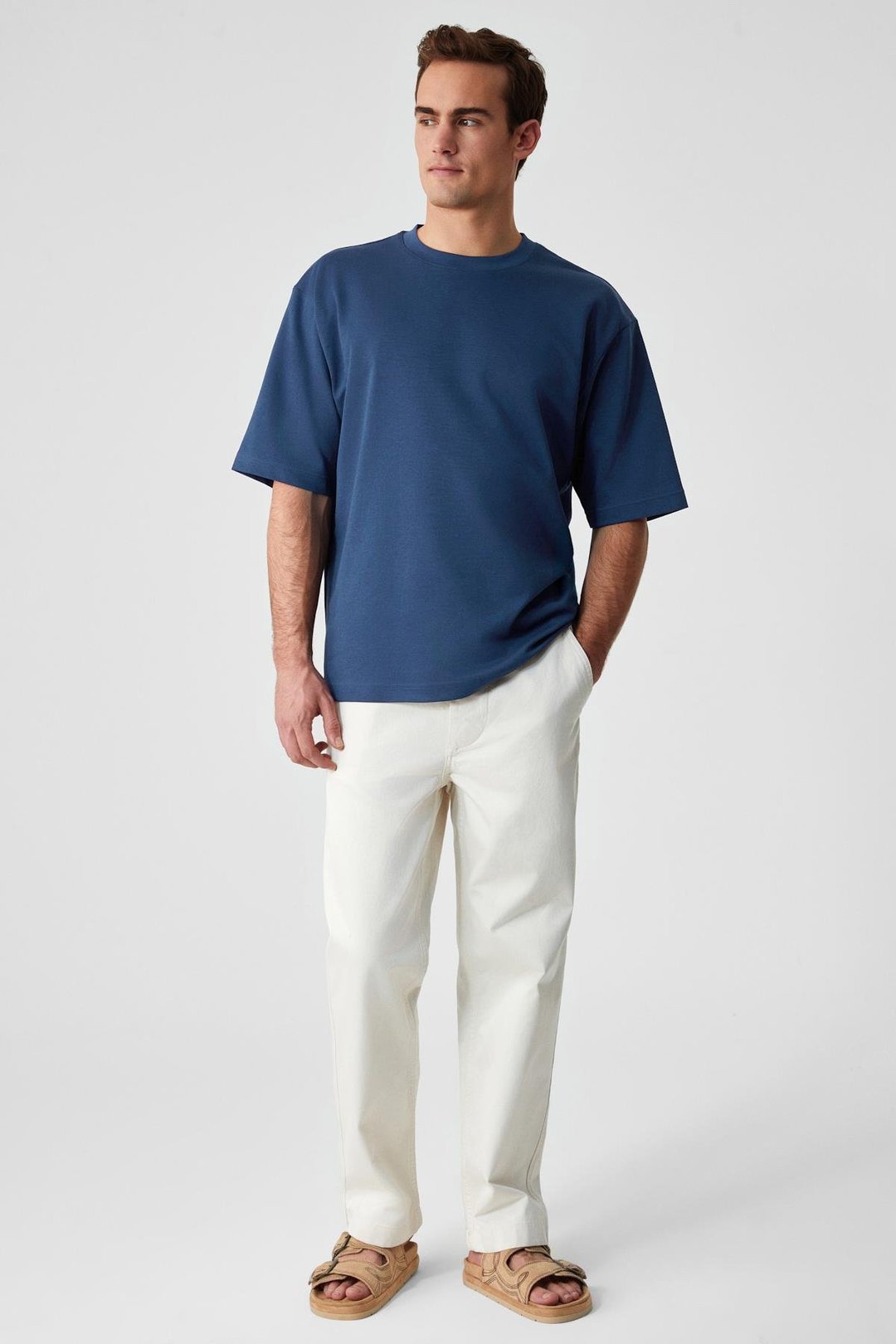 Solo Erkek %100 Organik Pamuklu Kalın Dokulu Comfort Fit Bisiklet Yakalı Navy T-Shirt