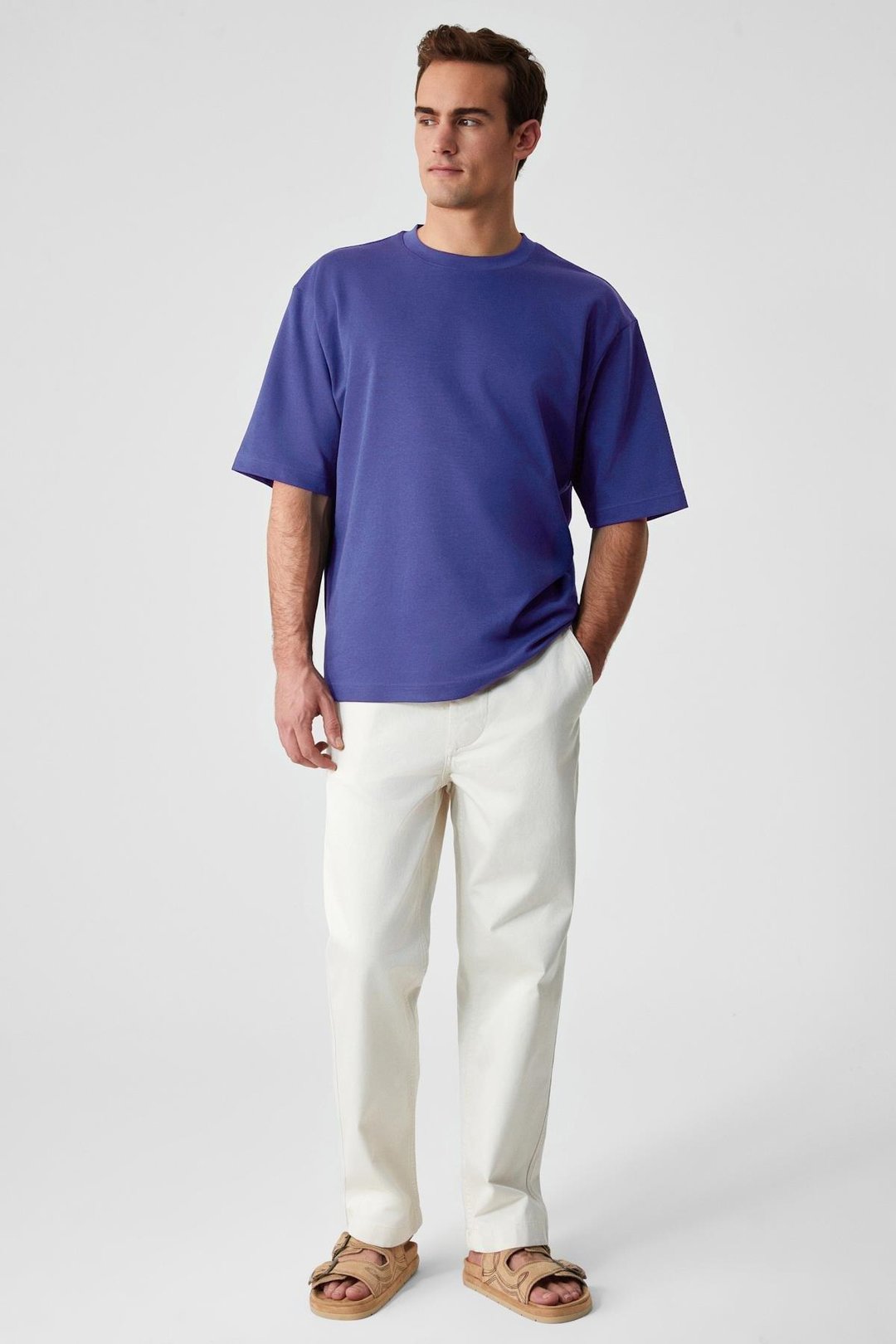 Solo Erkek %100 Organik Pamuklu Kalın Dokulu Comfort Fit Bisiklet Yakalı İndigo T-Shirt