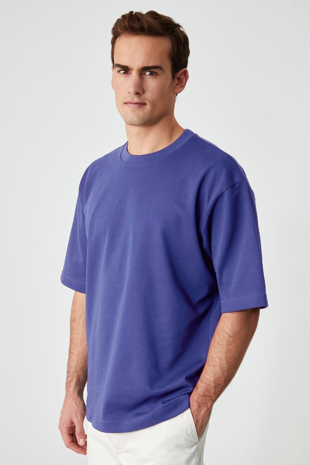 Solo Erkek %100 Organik Pamuklu Kalın Dokulu Comfort Fit Bisiklet Yakalı İndigo T-Shirt